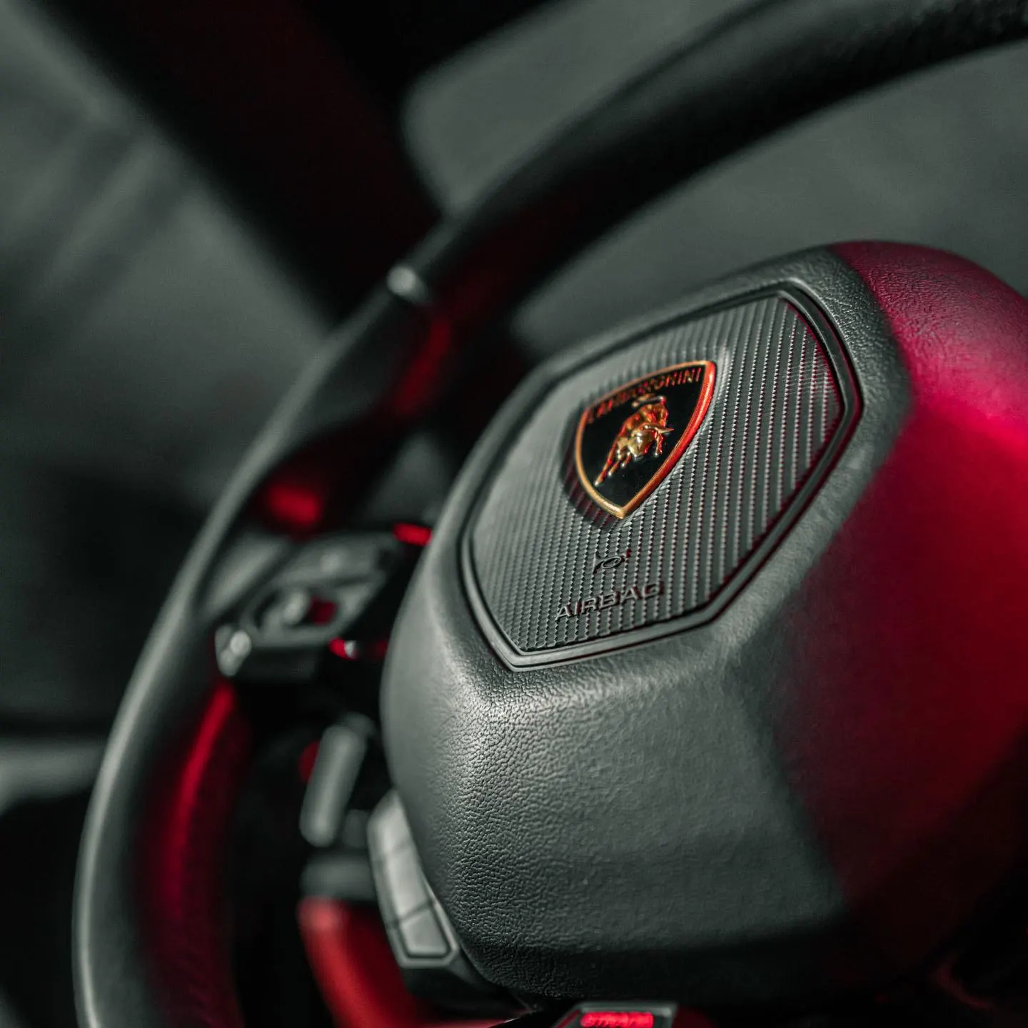 Close detail of a manufacturer badge and a paddle shifter behind a car steering wheel