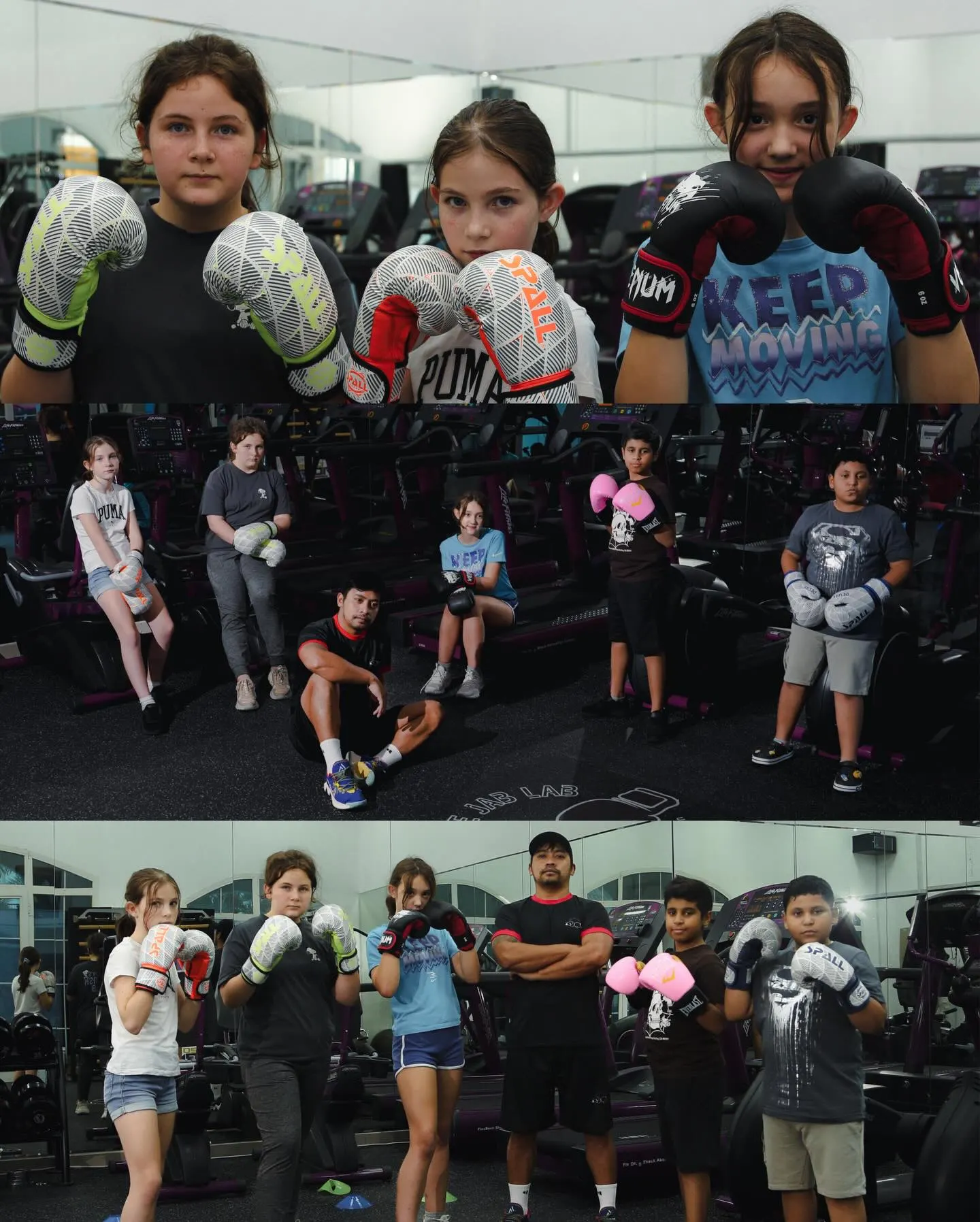 Two photographs from a youth boxing class: a group of children in gloves lined up, and the training floor in use