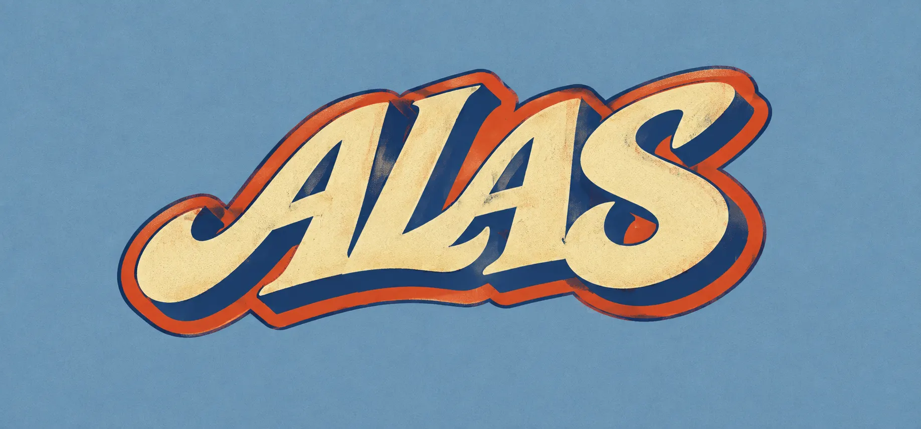 ALAS wordmark in a retro brush script: cream letters with a navy drop shadow and an orange outline on a textured blue background