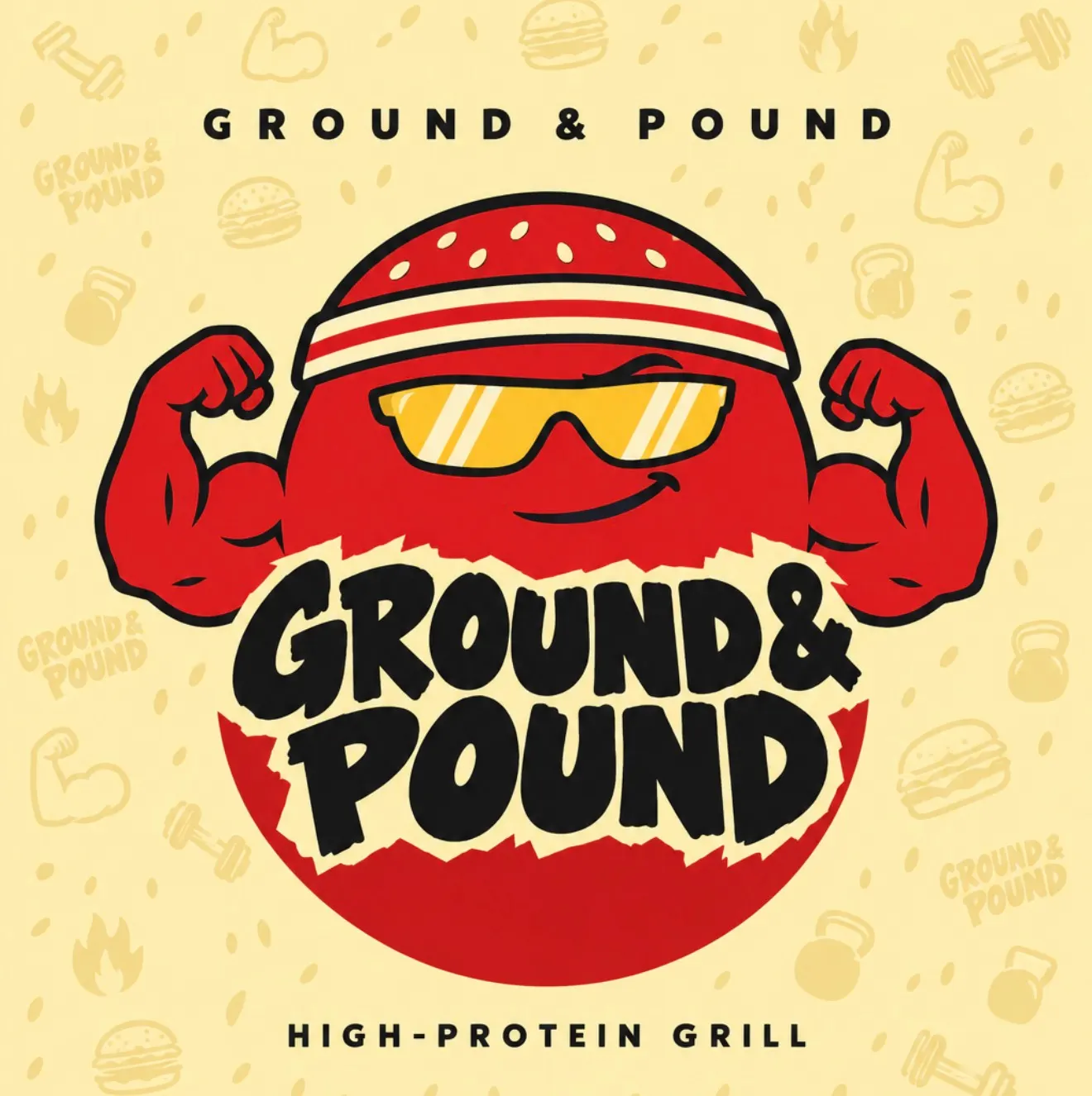 Ground & Pound mascot logo: a red burger-bun character in a sweatband and sunglasses flexing both arms, over the name and “High-protein grill” on a cream background patterned with burgers and kettlebells