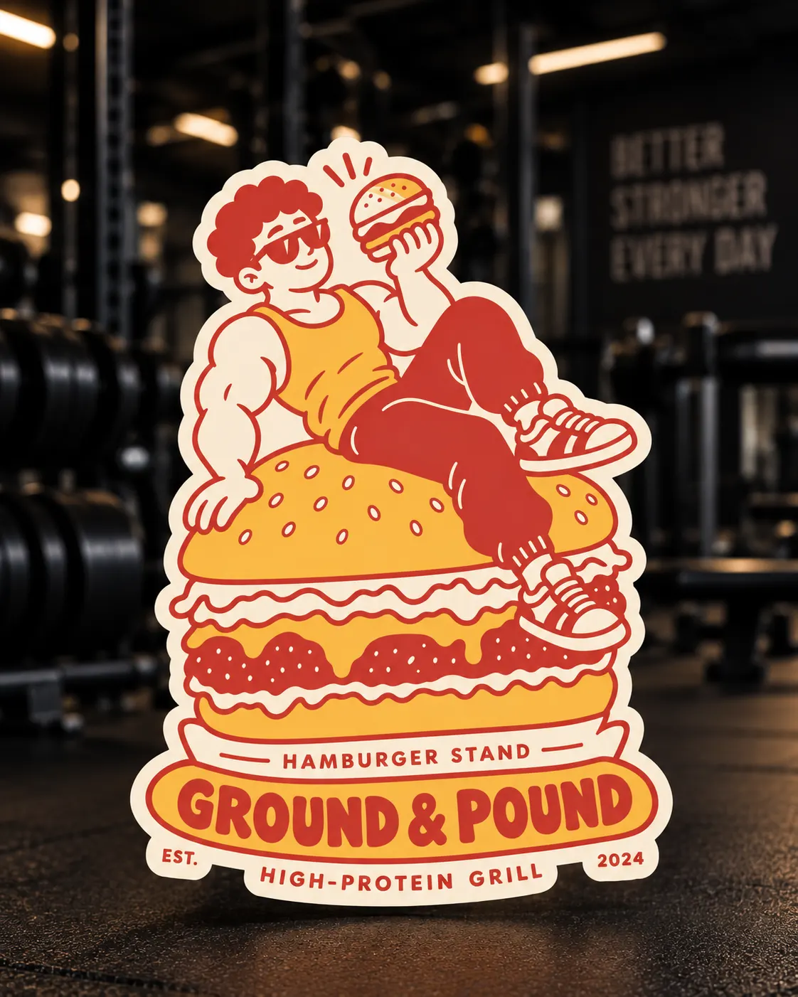 ملصق Ground & Pound مقصوص على شكل التصميم: رسم لشخص من روّاد النادي الرياضي بنظارة شمسية يسترخي على برغر عملاق فوق شارة “Hamburger stand, High-protein grill”، مصوَّر في صالة رياضية