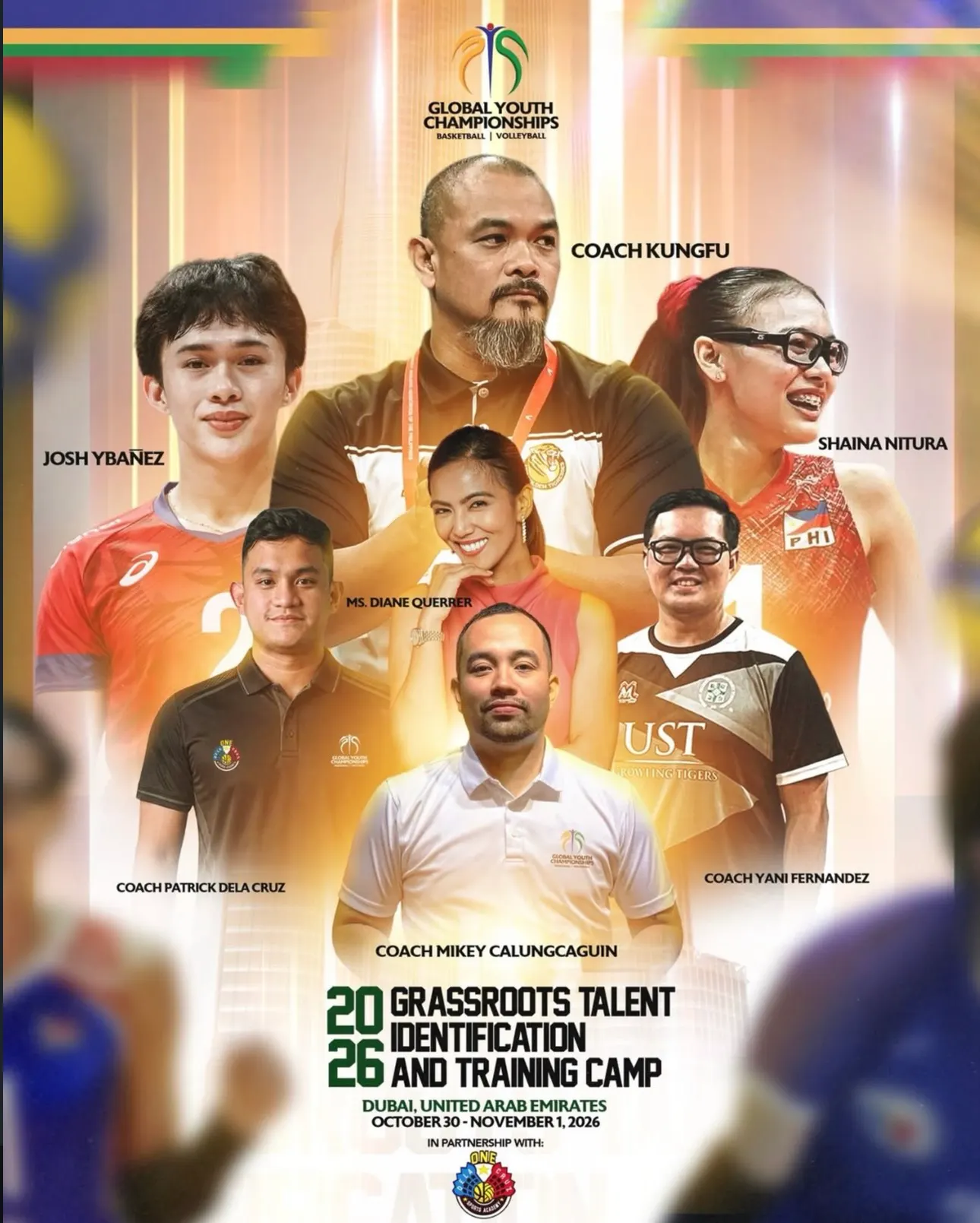 Global Youth Championships poster for the 2026 Grassroots Talent Identification and Training Camp, Dubai, United Arab Emirates, October 30 to November 1, 2026, showing Coach Kungfu, Josh Ybañez, Shaina Nitura, Ms. Diane Querrer, Coach Patrick Dela Cruz, Coach Yani Fernandez and Coach Mikey Calungcaguin