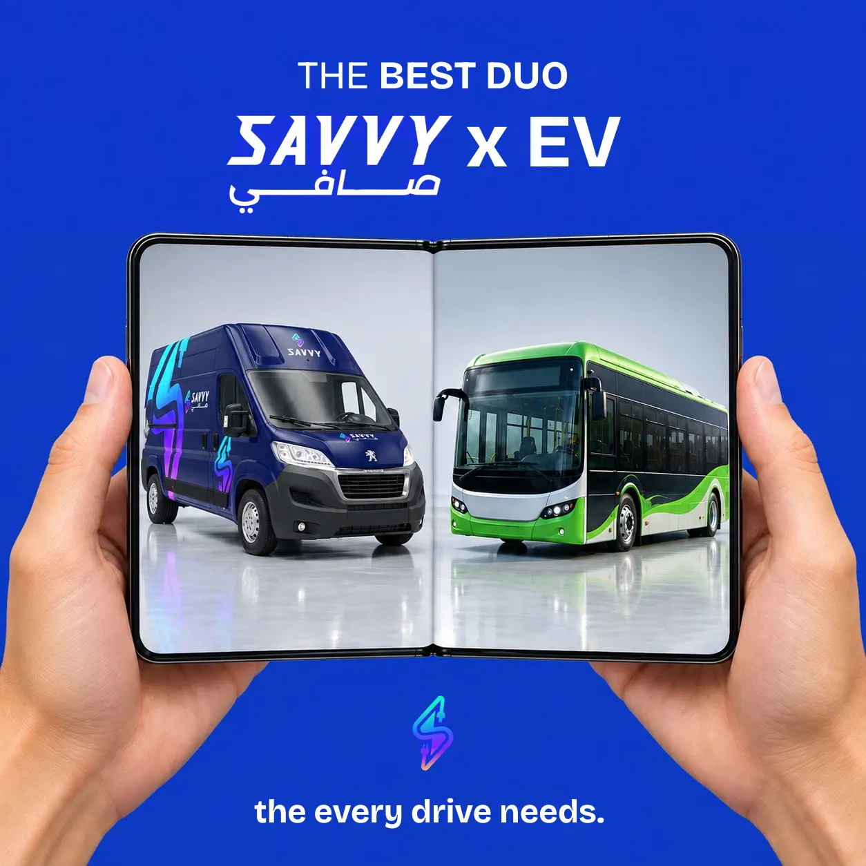 Social creative showing a branded van and an electric bus on a foldable phone screen