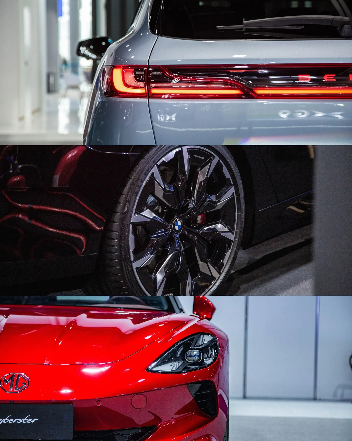 Three photographs of vehicles displayed on an exhibition floor: a rear three-quarter, a wheel detail and a red sports car