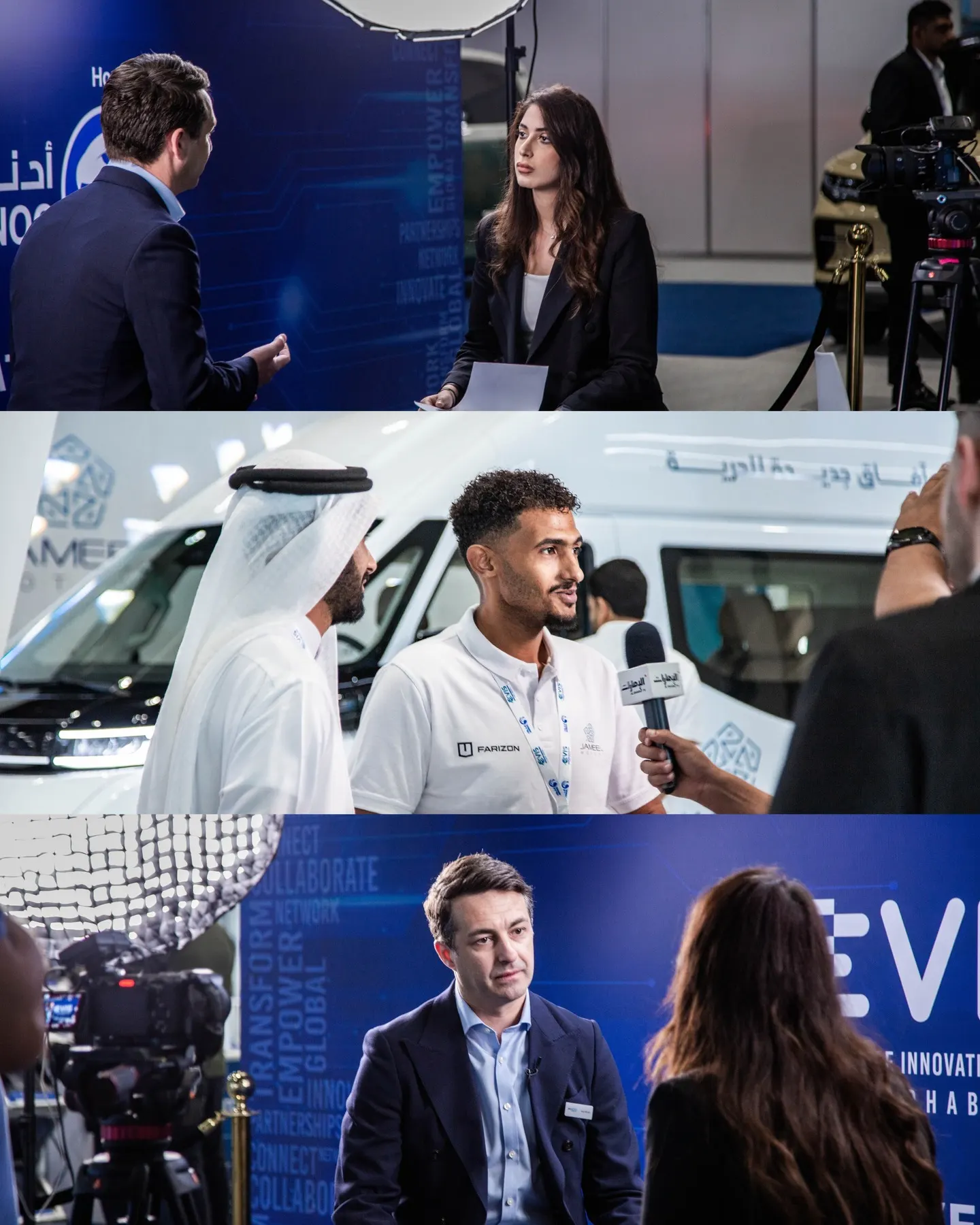 Three photographs of filmed interviews on an exhibition floor: an interviewer and guest seated before a branded backdrop, a piece to camera beside an electric van, and a seated interview under lights