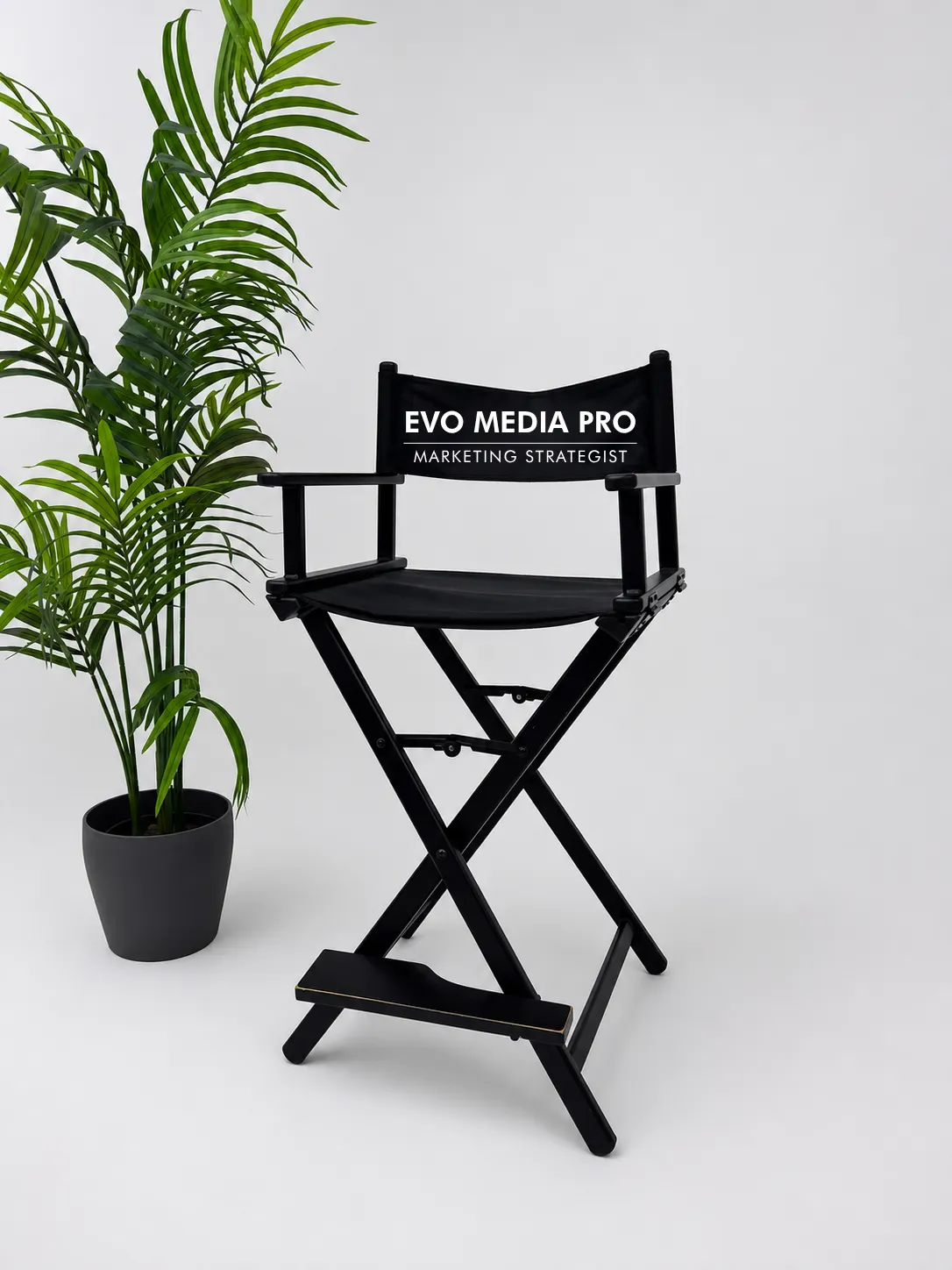 Director's chair printed with the Evo Media Pro name beside a potted plant