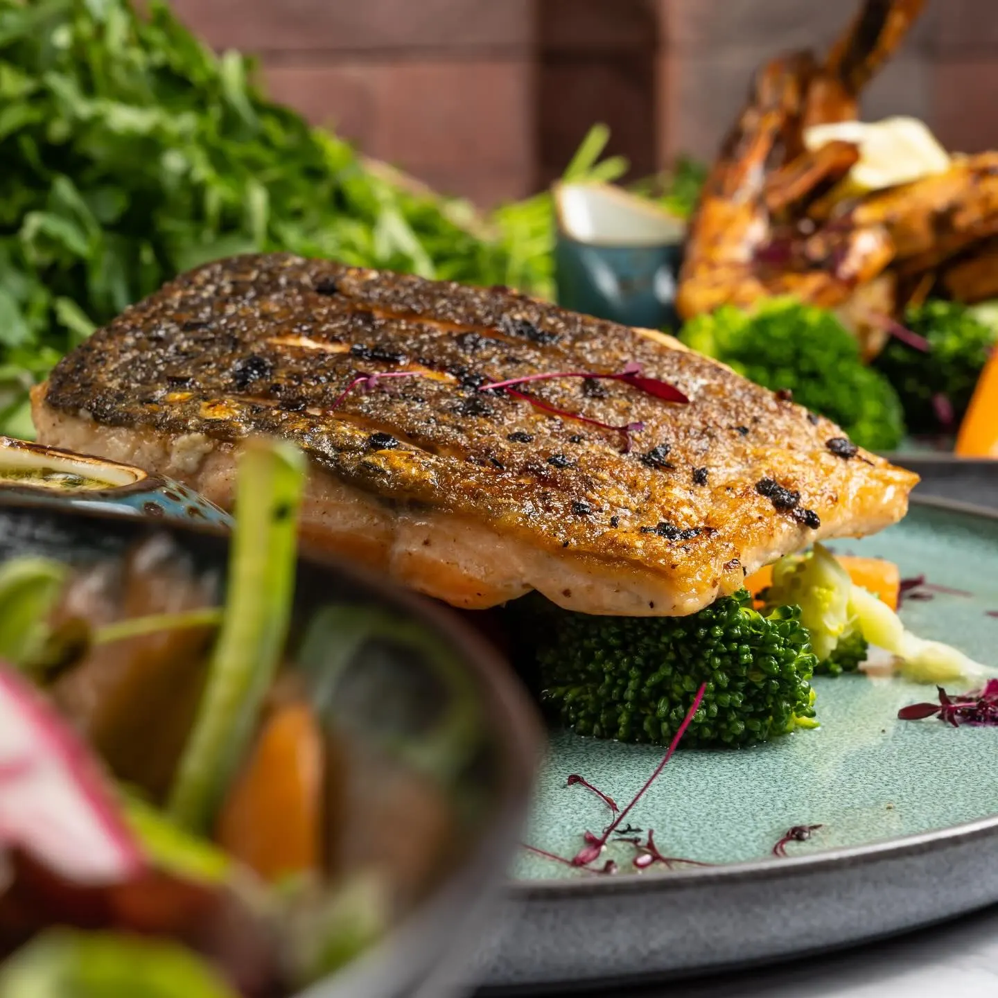 A crusted salmon fillet plated with green beans and broccoli, photographed in shallow focus