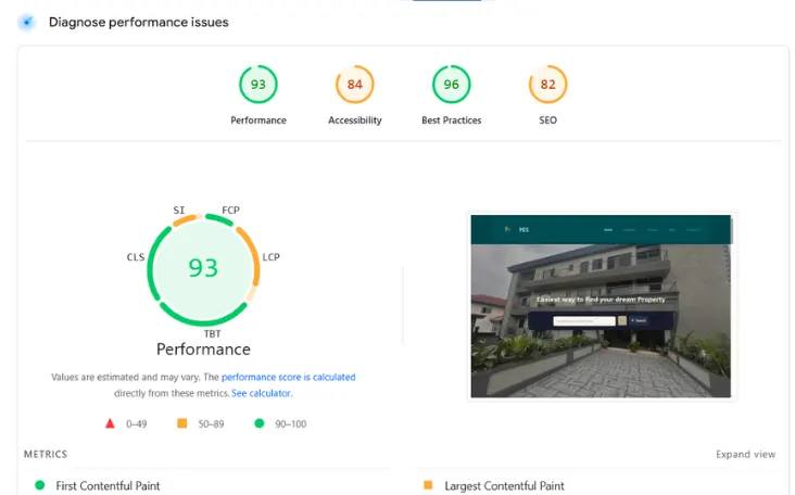 PageSpeed Insights report for a property website: Performance 93, Accessibility 84, Best Practices 96, SEO 82