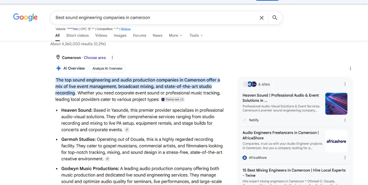 Google search for the best sound engineering companies in an international client's home market: the AI Overview names Heaven Sound first and cites its site among the sources