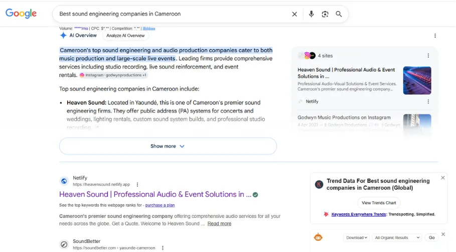 The same Google search: Heaven Sound in the AI Overview and as the first organic result beneath it