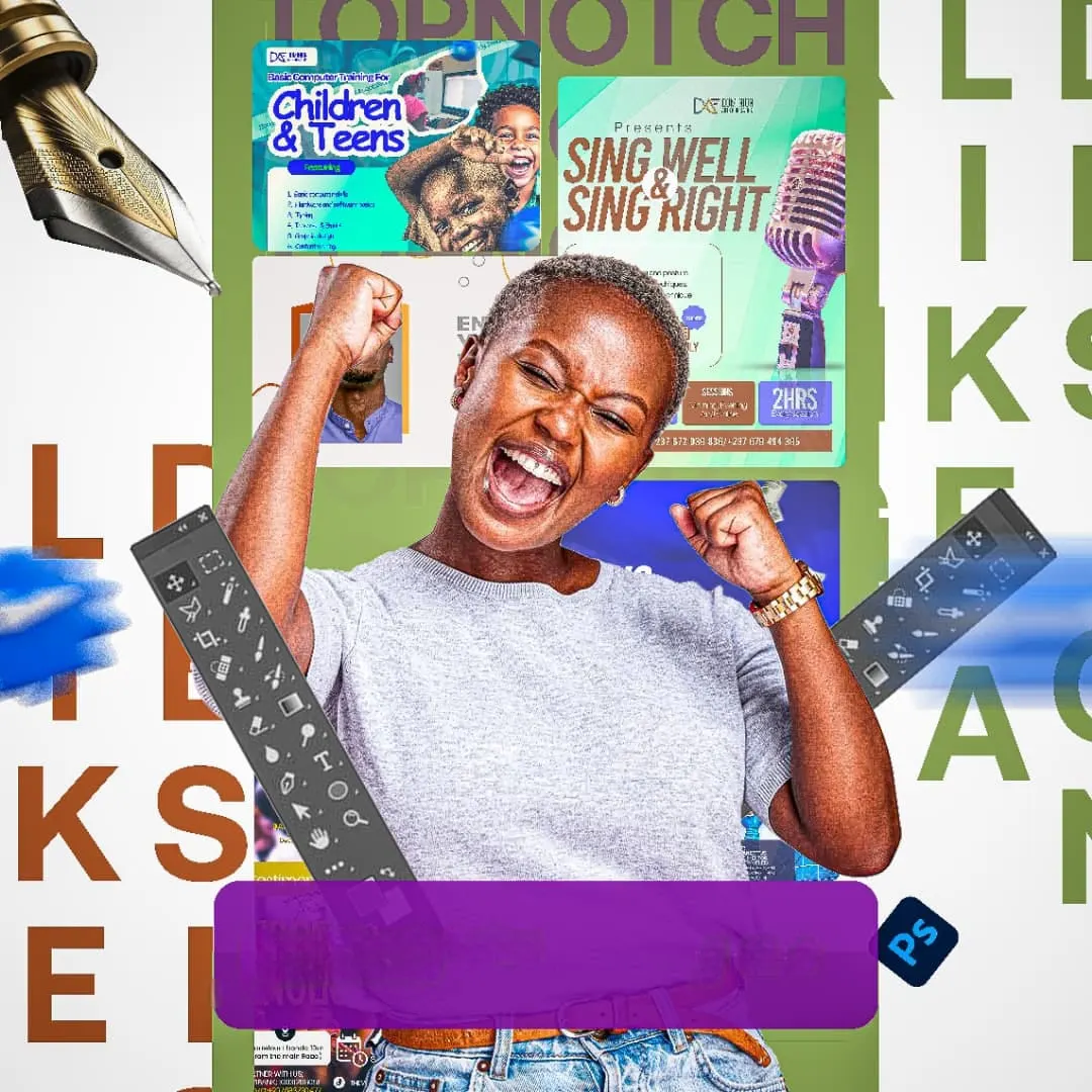 Creative studio promotional post: a woman cheering in front of a collage of poster designs, with design-tool panels, a pen nib and a purple panel
