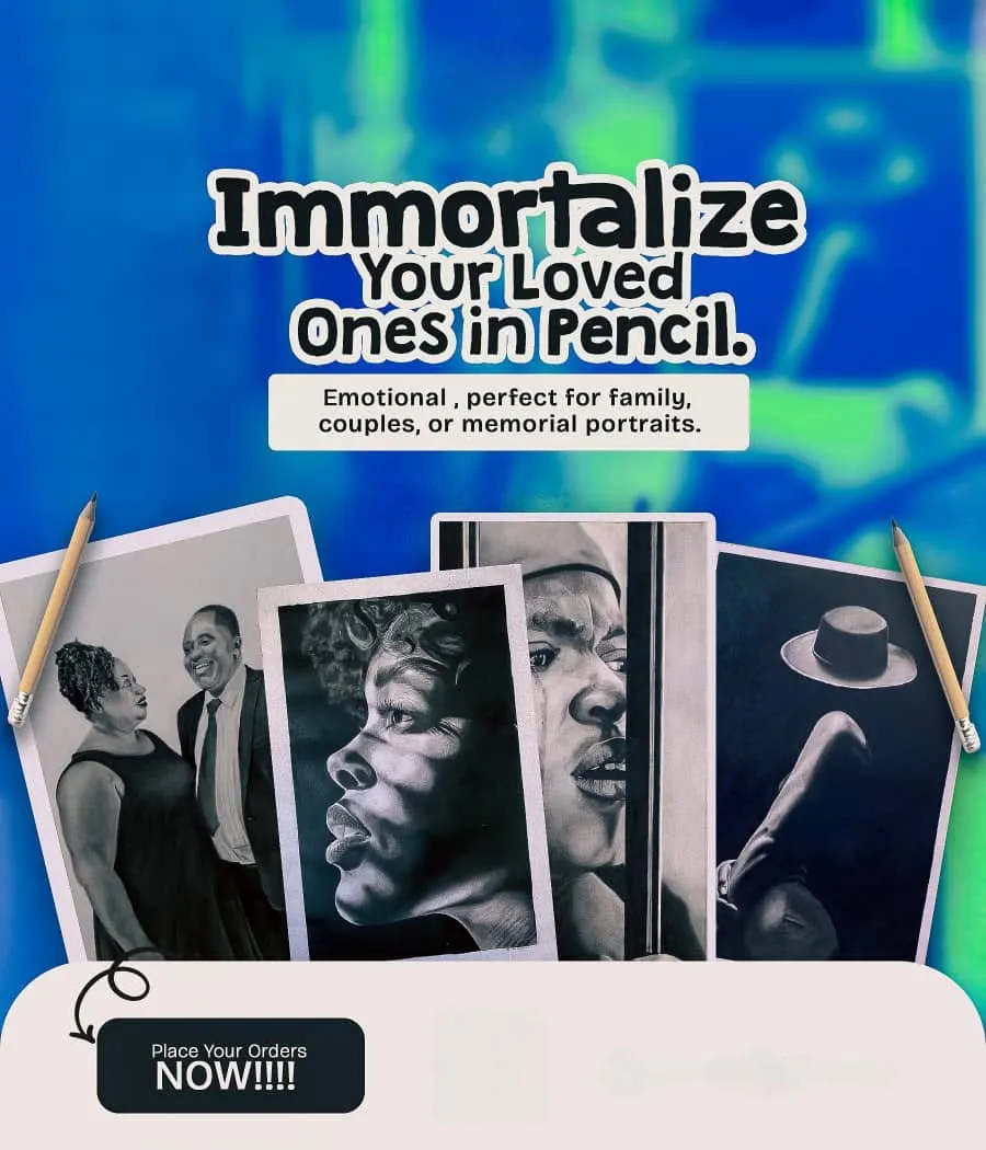 Promotional post for commissioned pencil portraits: “Immortalize your loved ones in pencil” above four framed portraits between two pencils, with a “Place your orders now” button