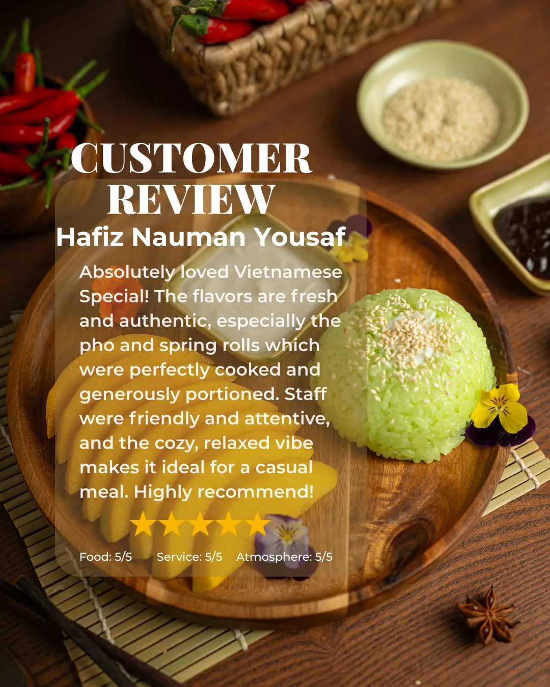 Restaurant customer review post: a five-star review praising the pho and spring rolls, set over a plated dish of mango and green sticky rice with chillies and dipping sauces