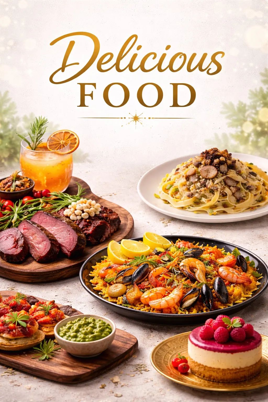 “Delicious Food” restaurant poster in gold script above a spread of sliced steak, seafood paella, pasta, bruschetta, a cocktail and a raspberry cheesecake