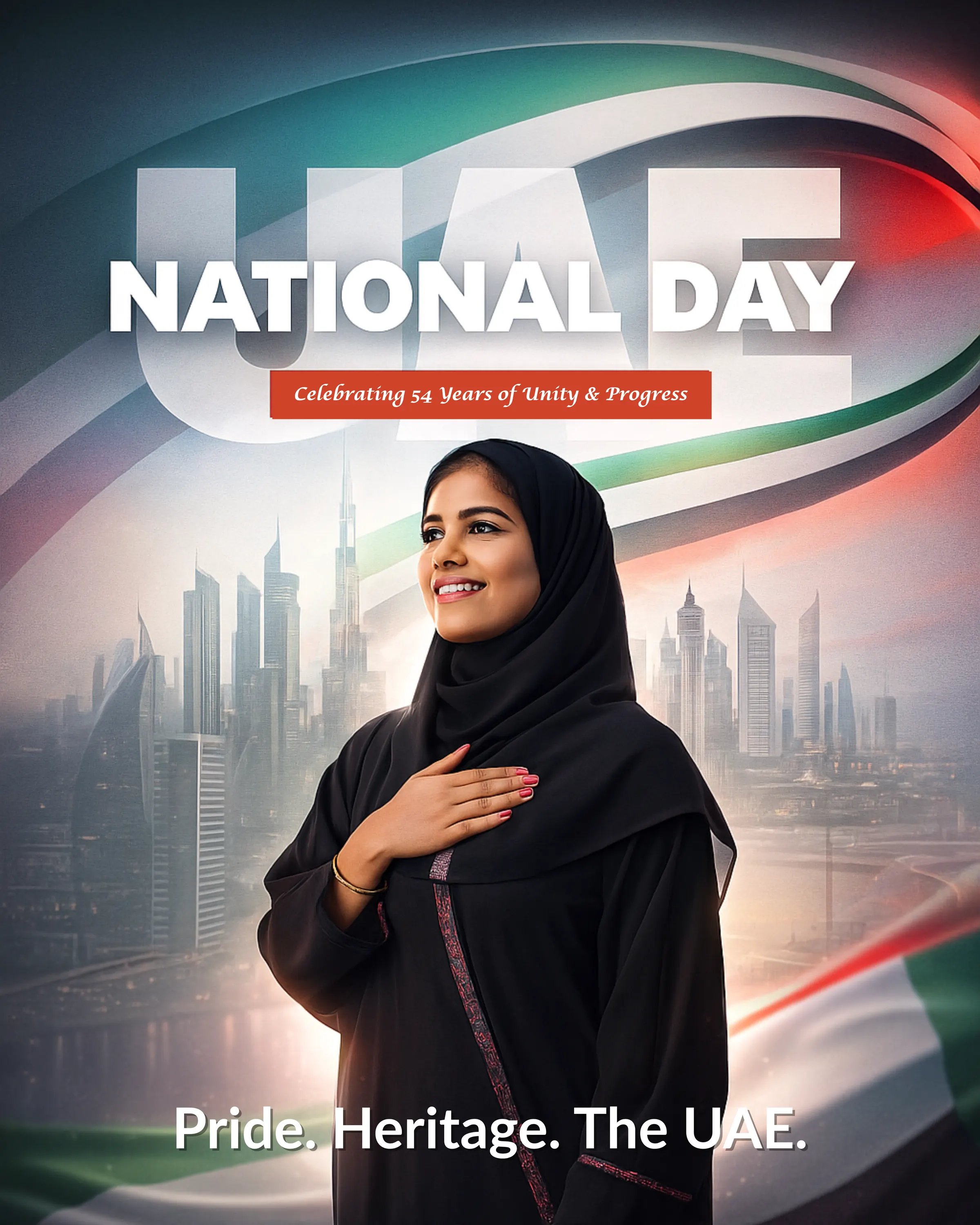 UAE National Day social post: a woman in an abaya with her hand on her heart before a city skyline and the flag's colours, under “UAE National Day” and above “Pride. Heritage. The UAE.”