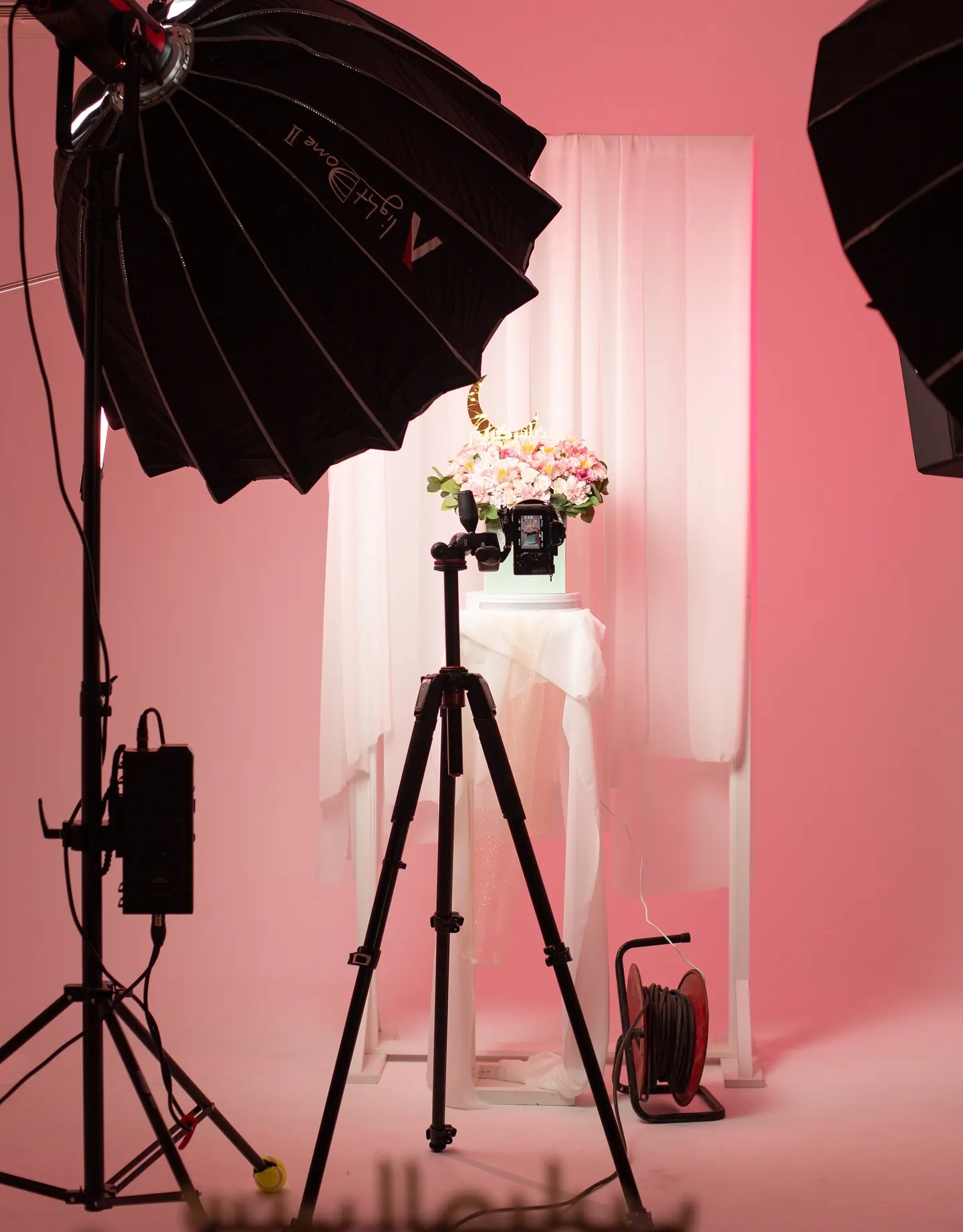 A studio set being built: a large octagonal softbox on a stand facing a pink draped set with flowers