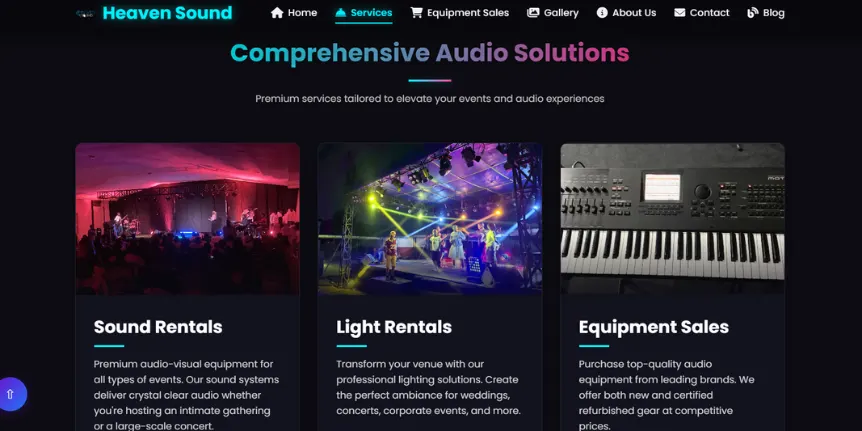 Heaven Sound website: services section with Sound Rentals, Light Rentals and Equipment Sales cards, each with a photograph, on a dark theme