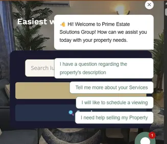 Prime Estate Solutions Group website: chat window greeting visitors with quick replies to ask about a property, hear about the services, schedule a viewing or get help selling