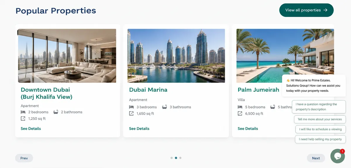 Prime Estate Solutions Group website: Popular Properties carousel with Downtown Dubai, Dubai Marina and Palm Jumeirah listings showing bedrooms, bathrooms and floor area, beside a lead chat