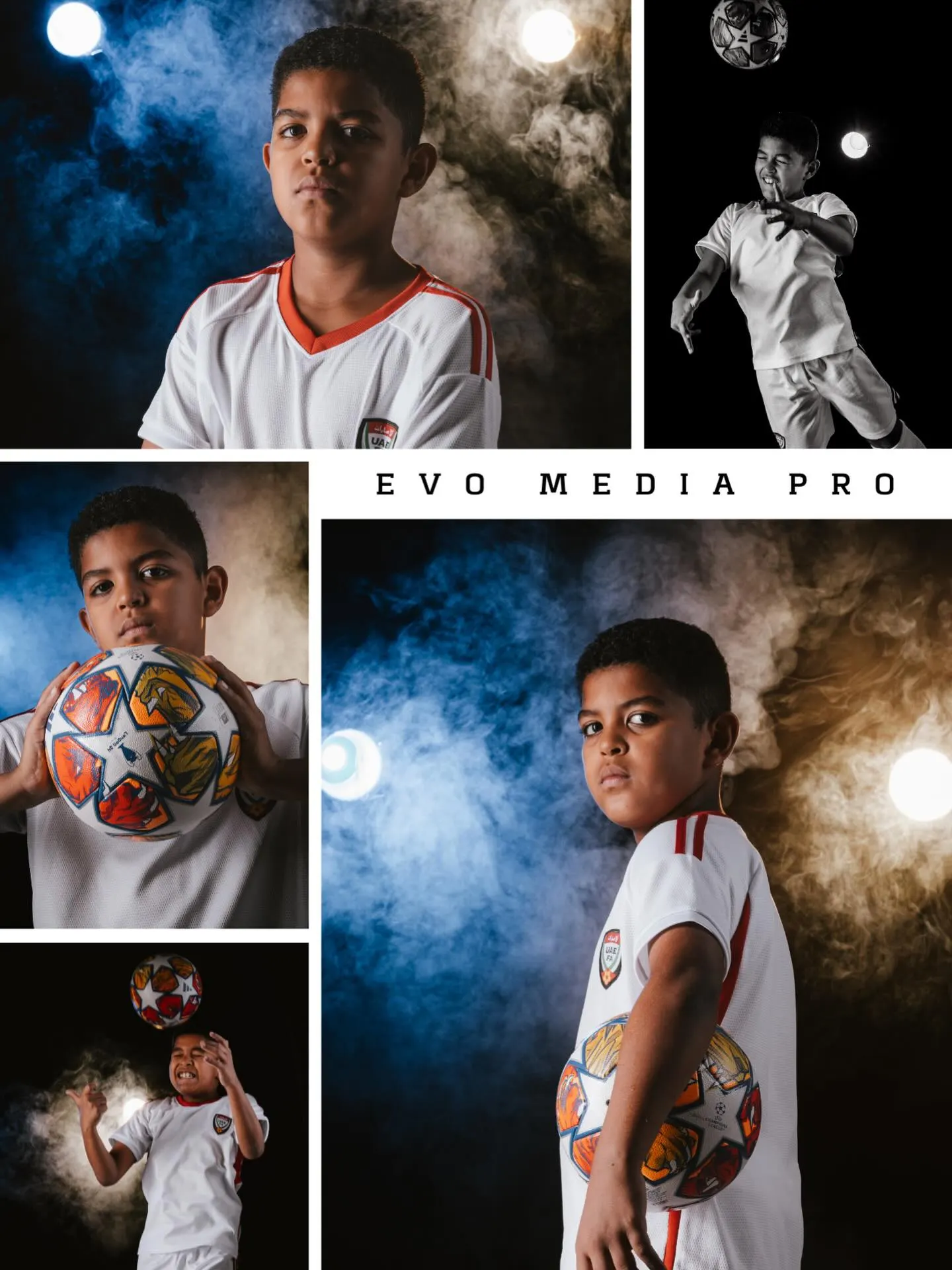 Five studio portraits of a boy in a football kit, lit blue and amber through smoke against black, holding the ball and heading it